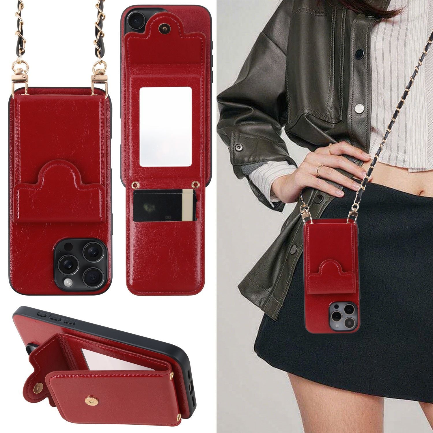 Suitable for apple 17 mobile phone case iphone16pro retro leather pattern 15 mirror card holder 14 diagonal protective cover