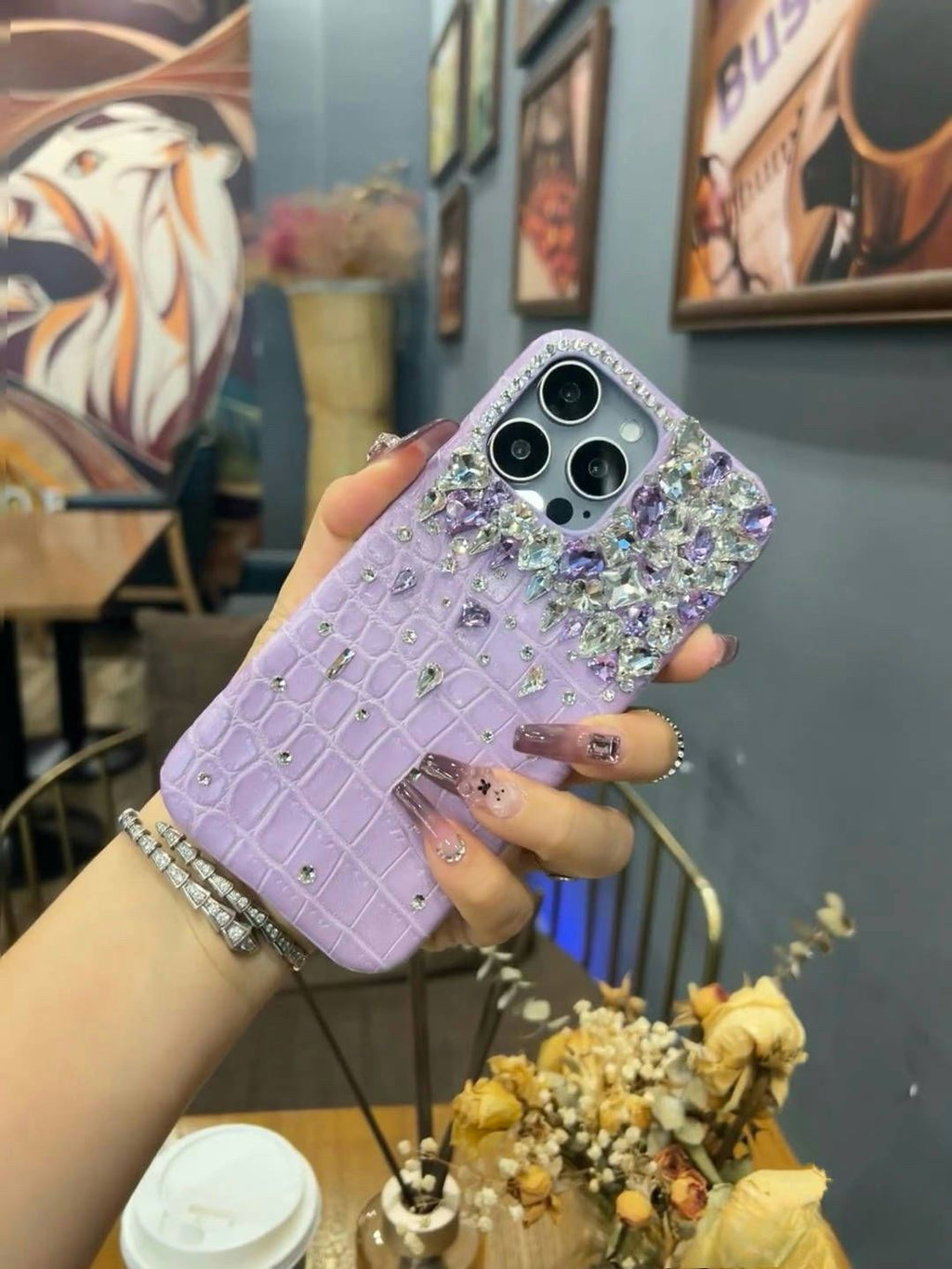 High luxury purple and white rhinestones are suitable for Apple iPhone16Promax mobile phone case 15 crocodile pattern 14 high-end sense 13