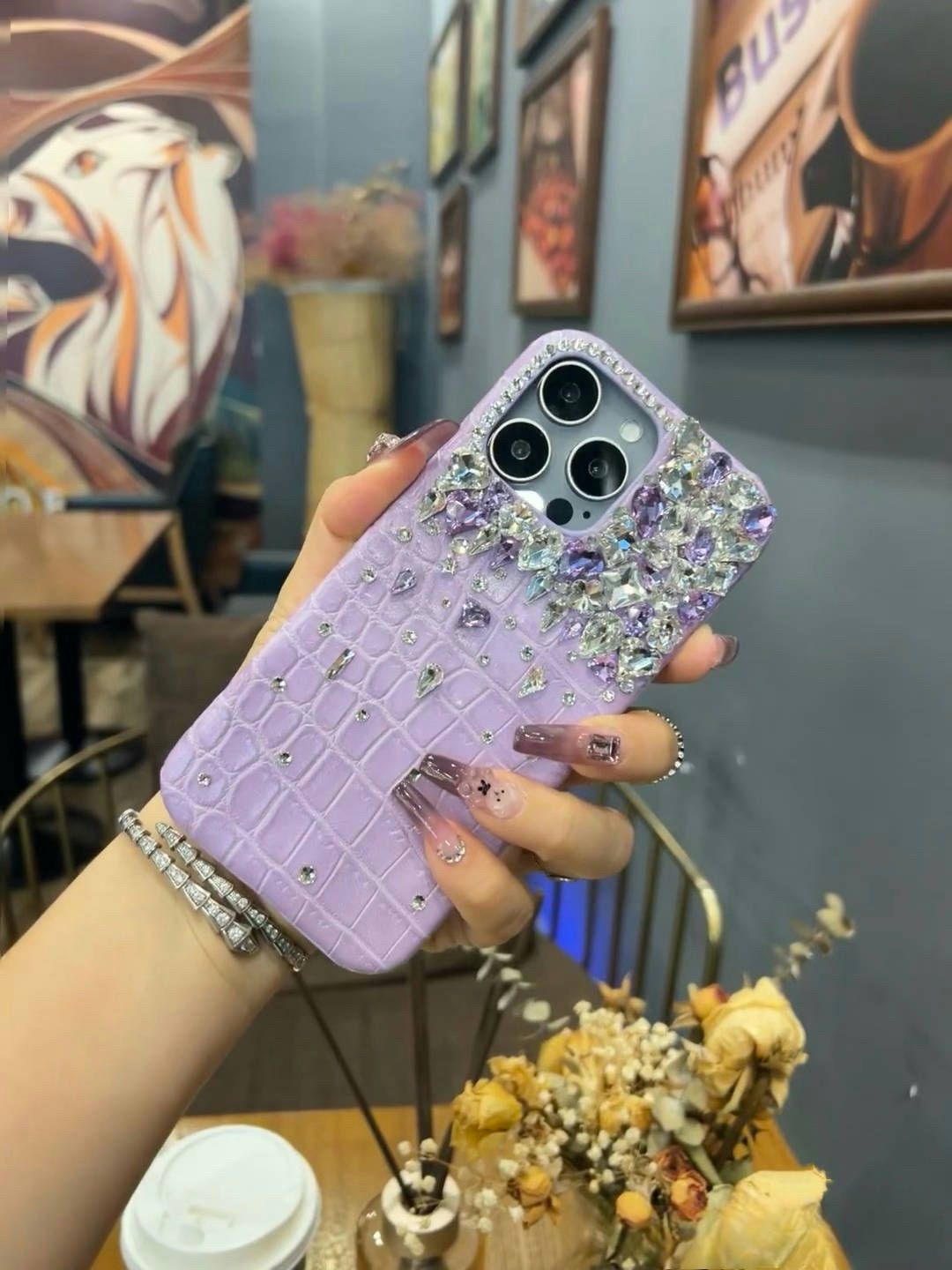 High luxury purple and white rhinestones are suitable for Apple iPhone16Promax mobile phone case 15 crocodile pattern 14 high-end sense 13