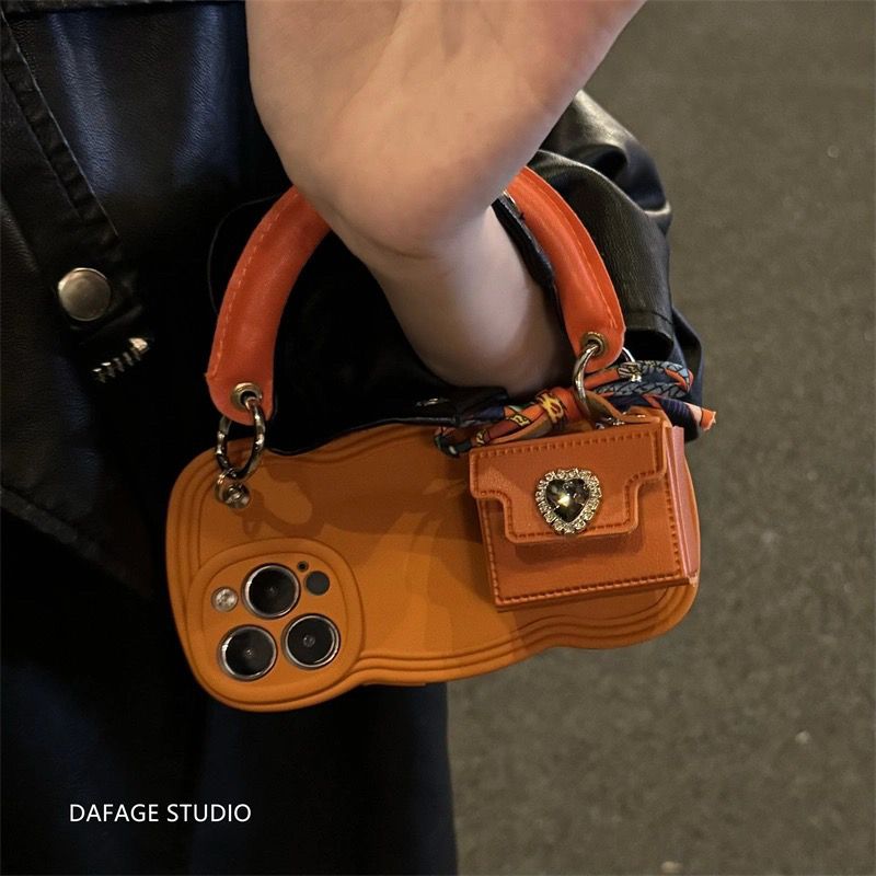 Premium Orange Heart Rhinestone Coin Purse Handbag Compatible with Iphone 11, 17 Pro Max, 12, and 13 Pro