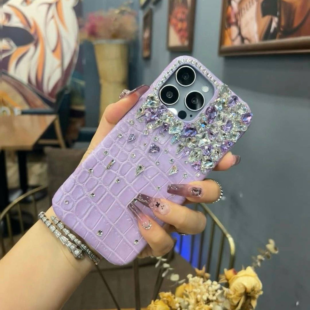 High luxury purple and white rhinestones are suitable for Apple iPhone16Promax mobile phone case 15 crocodile pattern 14 high-end sense 13